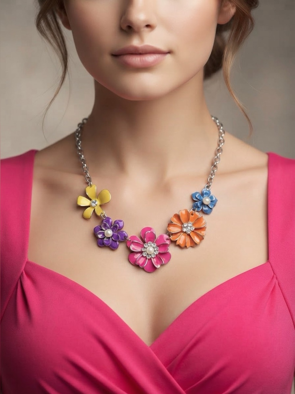 Multicolor Floral Statement Jewelry with Rhinestone & Pearl Accents